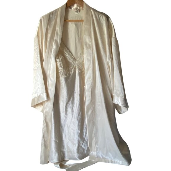 Cerie vintage beige satin robe nighty set nightgown Plus wms 2x/3x - Picture 1 of 12